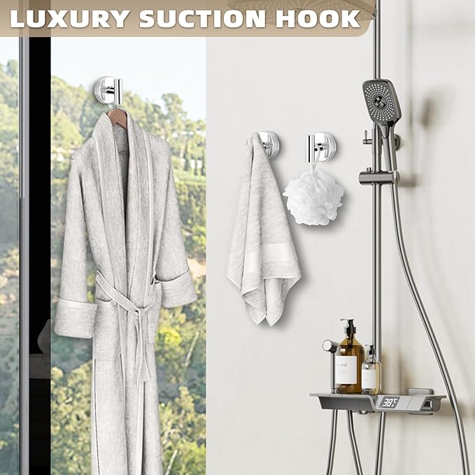 Suction Cup Hooks for Shower - Bathroom Reusable Hooks for Towels, Robes & Loofah - No-Drill Mounting on Kitchen,Walls,Metal,Glass,Mirrors,Tile & Smooth Non-Porous Surfaces (2, Chrome Polished)