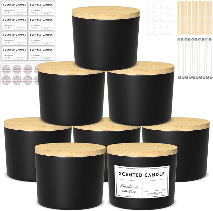 12oz Candle Jars, 8 Pack Large Black Glass Empty Candle Jars for Candle Makings with Bamboo Lids and Wick Kit, Multiple Wick Wide Mouth Candle Container Bulk, Ideal for Candle Business