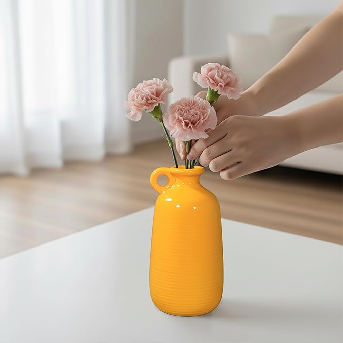 Sunddo Yellow Ceramic Vase for Home Decor -10 inch Modern Handled Decorative Vases for Flowers, Living Room, Kitchen, Shelf, Entryway and Centerpiece Table Decorations
