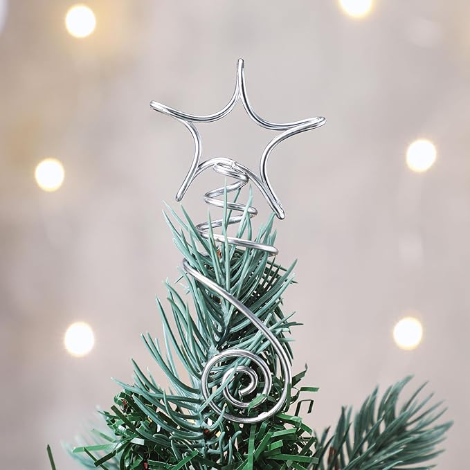 Lenwen Mini Christmas Star Tree Topper Wire Star Treetop Christmas Ornaments Decorative Metal Tree Topper for Home Office Xmas New Year Holiday Decoration (Silver)
