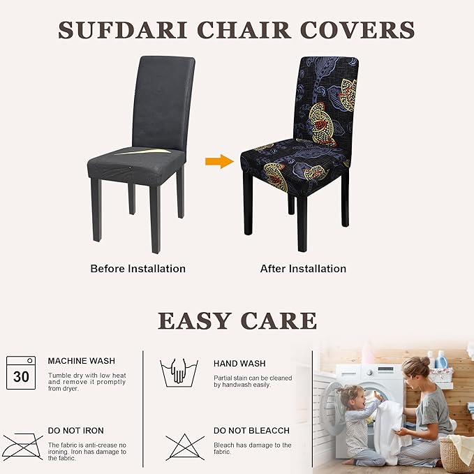 Sufdari Dining Chair Covers,Kitchen Chair Cover,Parsons Chair Slipcover,Spandex Chair Protectors for Dining Room Stretch Chairs Cover Set of 8 -Gold Leaves