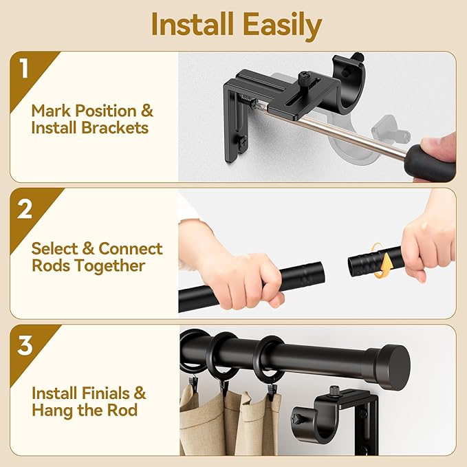 YaFex Curtain Rods 32-84 Inch, Heavy Duty 1 Inch Adjustable Curtain Rod for Windows, Black Long Window Treatment Rods, Modern Design, Easy Installation