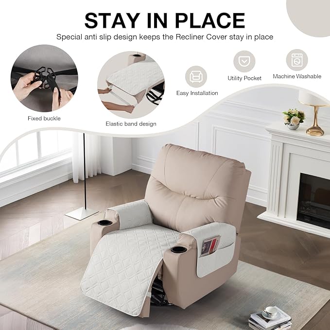 VANSOFY Recliner Chair Covers 100% Waterproof Seat Cover with Arm Reclining Cover Non-Slip Recliner Chair Covers Furniture Protector Washable Slipcover with Pocket for Pets, Dogs(Off White, 25")