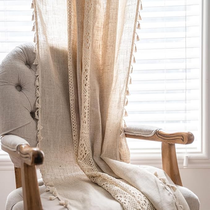 OYX Boho Curtains 96 Inch Length 2 Panels for Living Room, Bedroom Light Filtering Drapes, Farmhouse Vintage Country French Rustic Tassels Pattern Rod Pocket Aesthetic Decor Window Treatments