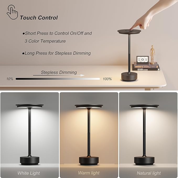 2 Pack Rechargeable Table Lamps Cordless, Portable 5000mAh Outdoor Table Light, 3 Color Stepless Dimming LED Table Lamp with Memory Function, for Home/Dinner/Patio/Restaurant.(Black)