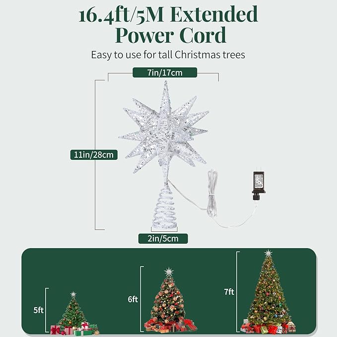 Lewondr Christmas Tree Topper, Plug in 3D Starburst Xmas Lighted Star Tree Topper, Remote Control & Timer Light Up Vintage Moravian Tree Topper for Christmas Decoraiton, Colorful Light, Silver White
