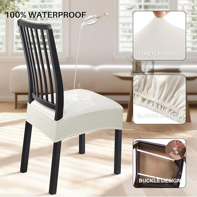 SearchI Waterproof PU Dining Chair Seat Covers Set of 4, Soft Removable Washable Seat Covers for Dining Chairs, Dining Room Seat Cover Protector (Rear-Covered, PU Cream)
