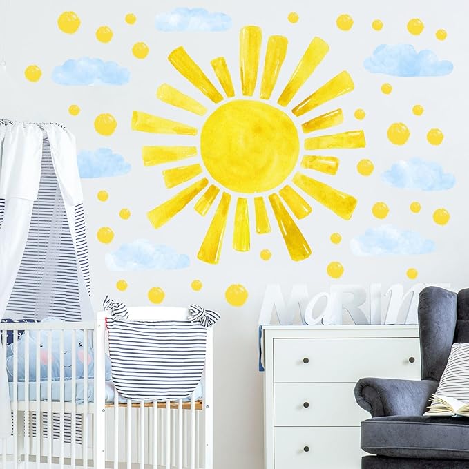 Large Sun Wall Decals Cloud Polka Dots Wall Stickers for Girls Room, 12 Sheets Watercolor Sun Wall Decor Stickers Cute Cloud Wallpaper Delicate Decorations for Kids Room Bedroom
