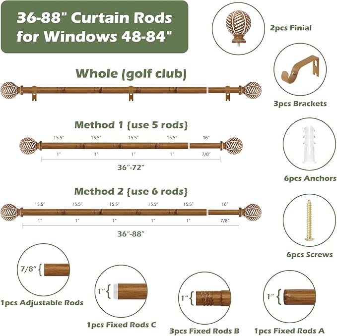 Wood Boho Curtain Rods for Windows:Wooden Farmhouse Decorative Curtain Rod for Bedroom Living Room,Heavy Duty Adjustable Rustic Bamboo Drapery Rods with Imitation Wood Grain Finials,Brown 36-88"