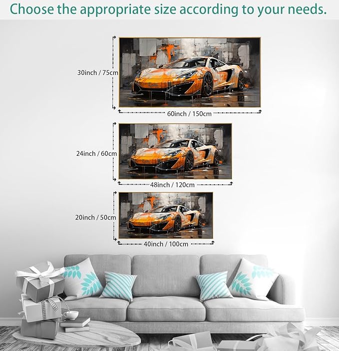 Wall Art Modern Artwork Orange Graffiti Car Wall Decor Canvas Painting for Living Room Bedroom Dining Room Home Office Decor 30"x60" with Framed