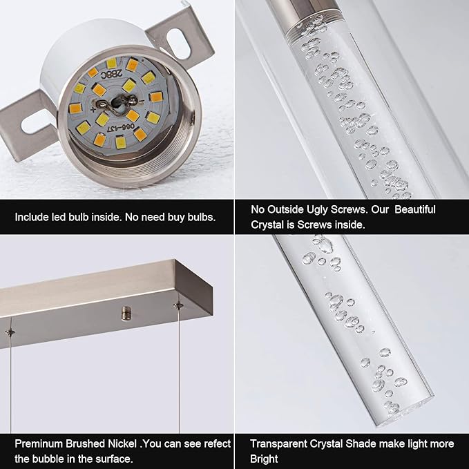 Pendant Lights Kitchen Island with Remote Control, Dimmable Brushed Nickel & Clear Cylinder, Adjustable Height Kitchen Pendant Lights, Island Lights for Kitchen, Modern Lighting Fixture