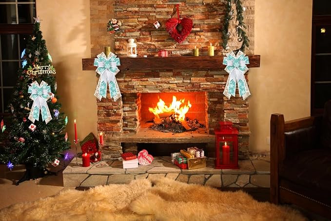 Hying Large Christmas Bows for Wreath, Christmas Wreath Bow Blue Natural Burlap Bow Xmas Snowflake Tree Bows Ornaments for Front Door New Year Christmas Party Decoration Supplies