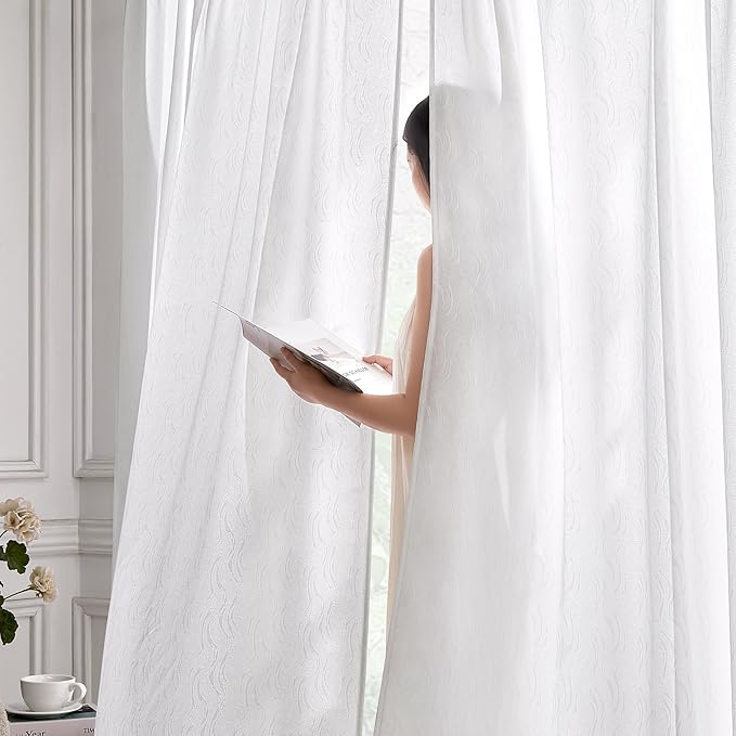 HOMEIDEAS White Semi Sheer Curtains 63 Inches Long, Light Filtering Privacy Sheer Non-See-Through Curtains Wave Jacquard Drapes for Living Room Modern Farmhouse Bedroom Decor, 52 X 63 Inch, 2 Panels