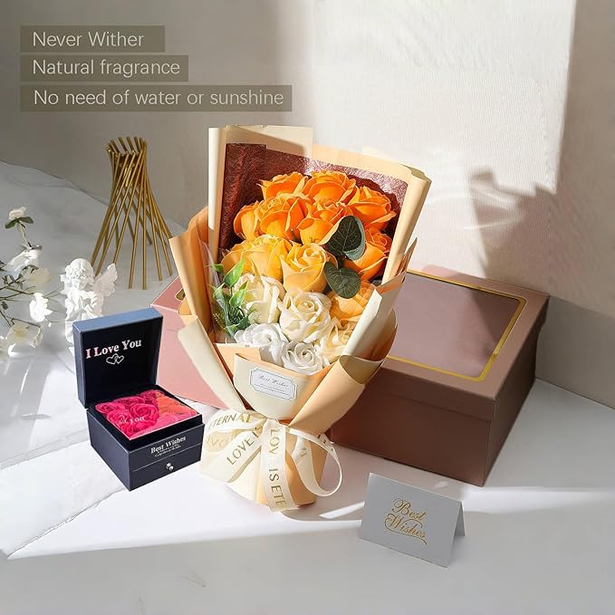 EIGHTOWN Roses Bouquet Artificial Flower - Preserved Orange Rose Flowers with Love Necklace for Her - Unique Gifts Valentine's Day, Mother's Day, Thanksgiving, Birthday, Anniversary