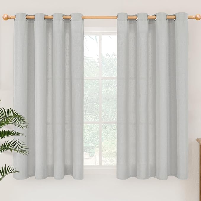 YoungsTex Grey Linen Semi Sheer Curtains 54 Inches Length for Short Window, Light Filtering Drapes with Grommet for Bathroom Kitchen, 2 Panels, Grey, 52 X 54 Inch