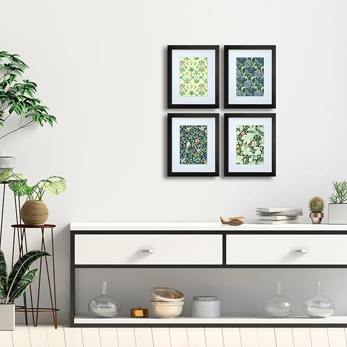 8x10 Picture Frame Set of 4 Made of Solid Wood Photo Frame with Real Glass for Pictures 5x7 with Mat or 8x10 without Mat, Wall Mount or Tabletop Gallery Photo Frames in Black