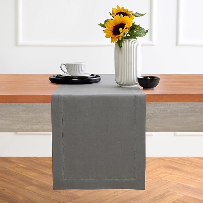 Solino Home Linen Steel Gray Hemstitch Table Runner 48 Inches - 100% Pure Linen Small Table Runner 14 x 48 Inch Ideal for Dresser and Coffee Tables, Spring - Classic Hemstitch