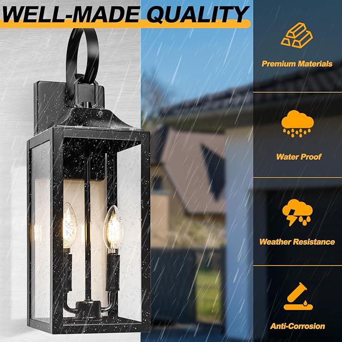Black Dusk to Dawn Outdoor Wall Lantern 2-Light, 19" Large Outside Modern Wall Sconce Light Fixture, Industrial Porch Light Wall Mount with Glass, Waterproof Farmhouse Exterior Lamp Lighting, 2 Pack
