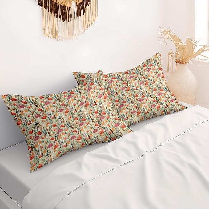 Boho Pillow Protectors with Zipper Standard Size Fun Mushroom Botanical Print Pillow Covers Set of 2 Rustic Nature Plant Bed Pillowcases Spring Colorful Floral Bed Pillow Covers 30"X20"