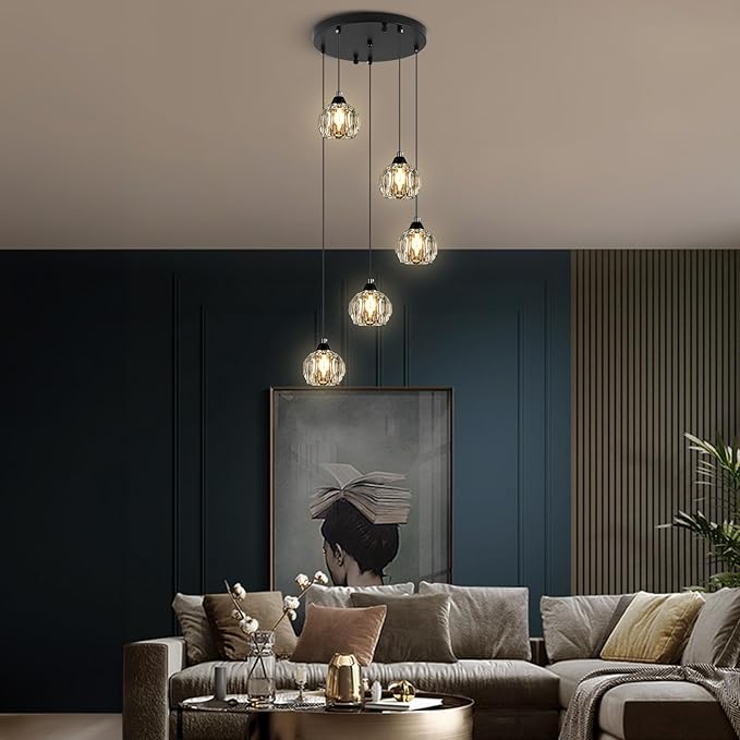 Crystal Chandeliers for Dining Room Lights Fixture Over Table, 5-Light Black Modern Pendant Light Fixture，Crystal Chandeliers for Living Room Kitchen Island Staircases Foyer Hallway Bar
