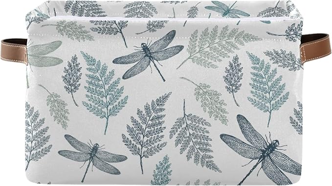 susiyo Large Foldable Storage Bin Fern Botanical Dragonfly Fabric Storage Baskets Collapsible Decorative Baskets Organizing Basket Bin with PU Handles for Shelves Home Closet Bedroom Living Room-2Pack