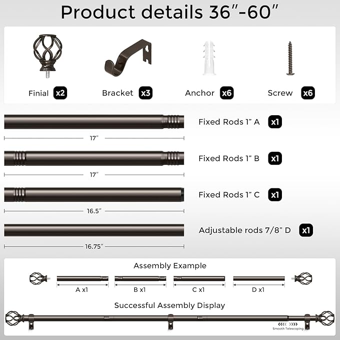 Bronze Curtain Rods for Windows 30 to 56 Inch, 1 Inch Adjustable Decorative Window Treatment Rods with Aluminium Twisted Cage Finials, Heavy Duty Metal Farmhouse Drapery Pole, Easy Install