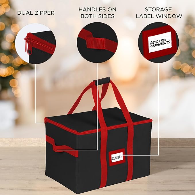 Christmas Ornament Storage Container,Box Stores Up to 96-3 inch ornaments, Adjustable Dividers, Large Organizer Bin to Protect and Store Holiday Décor - Black