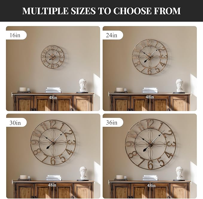 Cuspin 30 Inch Wall Clock, Large Decorative Wall Clock for Living Room, Silent Non-Ticking Battery Operated Metal Round Retro Rustic Arabic Numerals Analog Bronze Clock for Kitchen Mantel Office