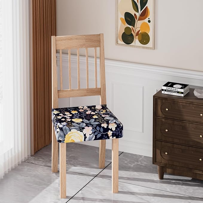 Stretch Dining Chair Seat Covers Set of 6,Dining Chair Slipcovers, Floral Printed Chair Covers,Soft Fabric Washable Upholstered Chair Seat Protector, No Rear Covers for Home Kitchen Dining Room
