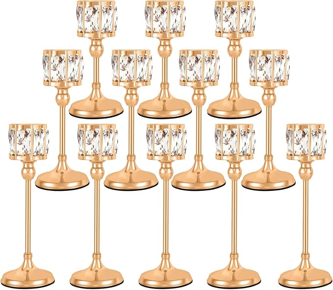 Crystal Tealight Candle Holders,Votive Candle Stands Wedding centerpieces for Tables Crystal Candlestick，Centerpiece Table Decorations (Gold, 4 Sets (12 Pieces))