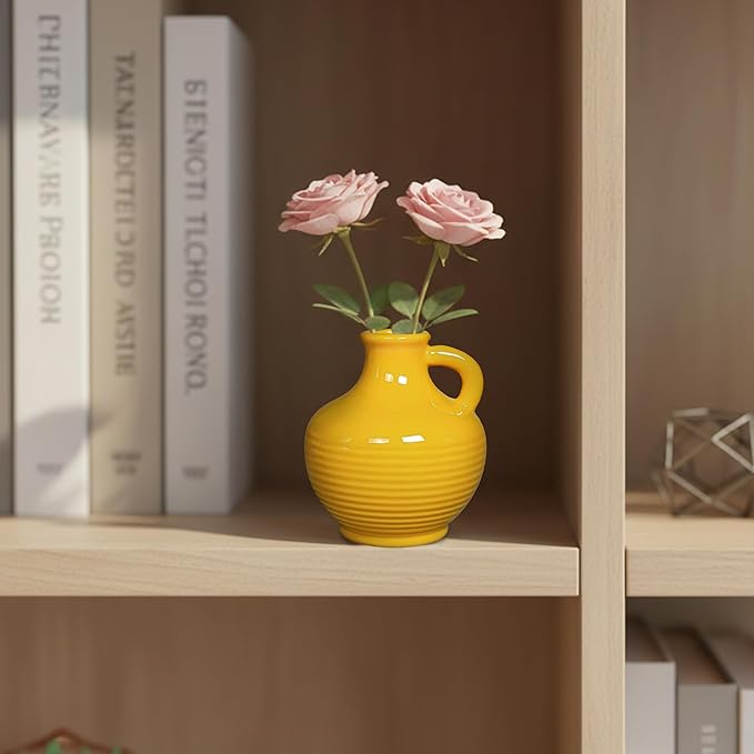 Sunddo Yellow Ceramic Vase 6 Inch - Small Modern Decorative Vase with 1 Handle for Home Decor, Living Room, Kitchen, Shelf, and Centerpiece Table Decorations