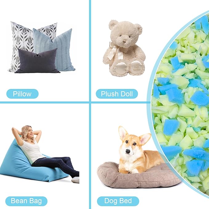 6LBS Bean Bag Filler – Shredded Memory Foam Refill with Cooling Gel, Soft & High Resilience Foam Filling for Bean Bag Chair, Couch Cushion, Pillow, Dog Bed & DIY Crafts