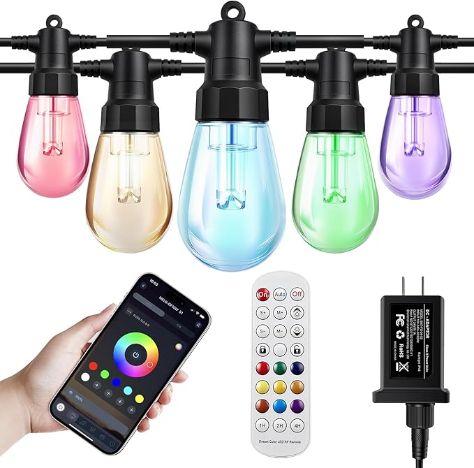 Outdoor String Lights 48ft, Patio Lights with 15 Dimmable LED Bulbs, RGBW & Warm White, IP66 Waterproof, Shatterproof, APP & Remote Control, Color Change, Customizable Colors for Backyard Decor