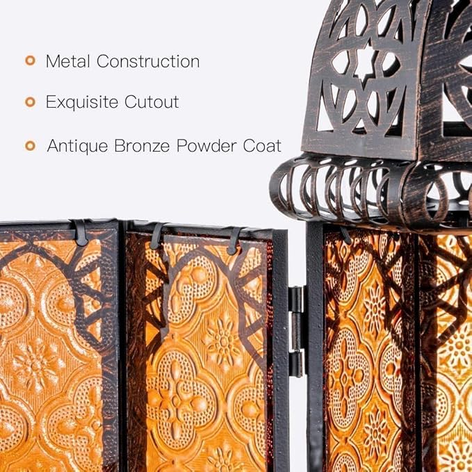 DECORKEY Set of 2 Moroccan Lanterns Decorative Indoor & Outdoor, 11’’ Medium Size Vintage Metal Hanging&Tabletop Candle Holder Decor, Halloween Christmas Ramadan Decorations for Home (Amber)