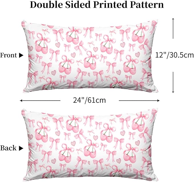 Pink Pillow Protectors with Zipper Standard Size Coquette Bow Cherry Print Pillow Covers Set of 2 Preppy Bed Pillowcases Protector for Girl Woman Pink and White Bed Pillow Covers 24"X12"