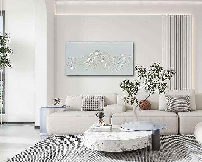 Creespi Hand-Painted Textured White Mountain Oil Painting on Canvas 24x48 inch,Modern Minimalist Abstract Landscape Wall Art for Home Wall Décor