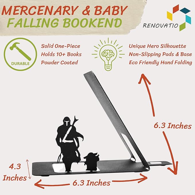 Renovatio Black Metal Bookend – Cute, Unique, Geeky Decor for Home, Office & Kids Room – Heavy Duty, Non-Slip Minimalist Bookends for Shelves – Mercenary & Baby