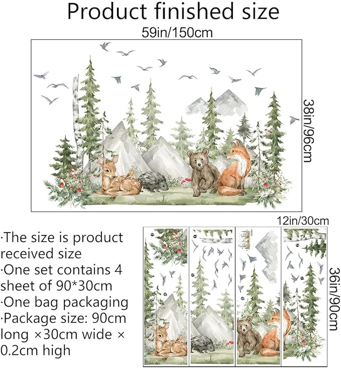 Amaonm 4 Sheet of 12x36 inch Giant Mountain Forest Tree Wall Decal Woodland Deer Bear Fox Birds Wall Stickers 3D DIY Peel and Stick Jungle Wild Animal Pine Wall Decor for Kids Boys Bedroom Playroom