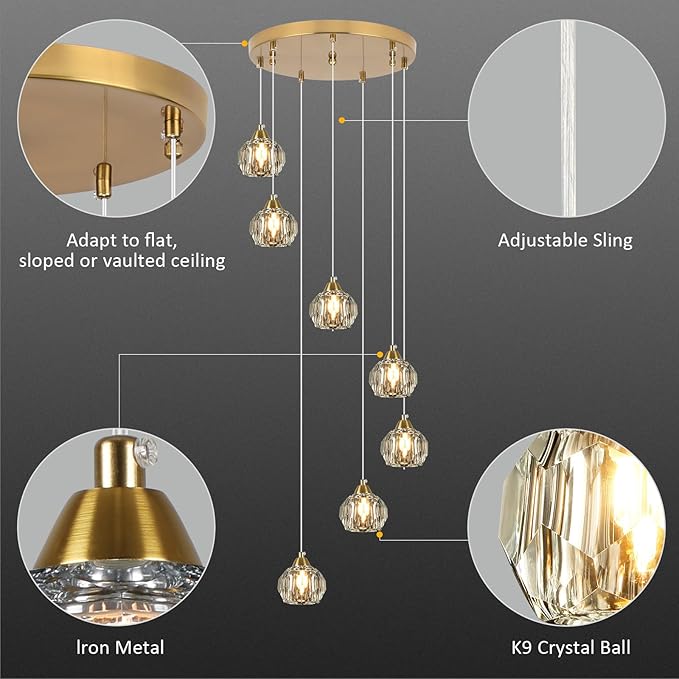 Crystal Chandeliers for Staircases, 7-Light Gold Modern Chandeliers for High Ceilings，Crystal Pendant Light Fixture for Living Room Kitchen Island Foyer Hallway Bar