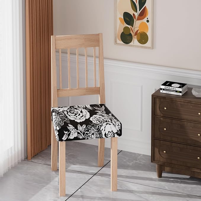 Stretch Dining Chair Seat Covers Set of 6,Dining Chair Slipcovers, Floral Printed Chair Covers,Soft Fabric Washable Upholstered Chair Seat Protector, No Rear Covers for Home Kitchen Dining Room