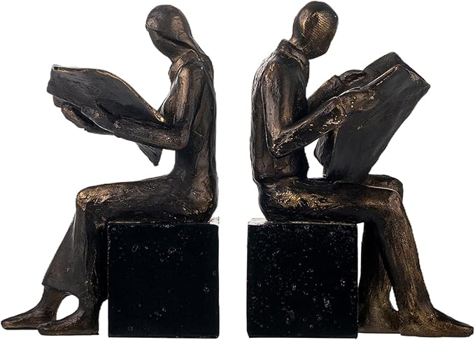 Lukitas Decorative Newspaper Reader Bookends, Heavy Duty Book Holder Non-Slip, Vintage Home Décor Accessories for Study Office Bookshelf, Bronze, Resin, 1Pair/2Piece 8''