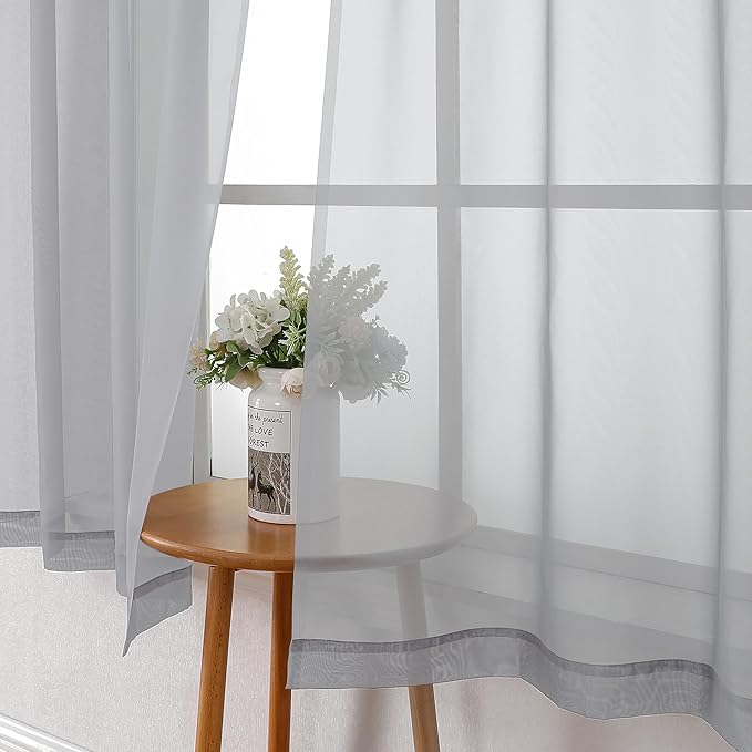 Lecloud Light Grey Sheer Curtains 63 Inch Length 2 Panels, Light Filtering Solid Voile Living Room Silver Gray Curtain & Panel, Dual Rod Pockets Gauzy Window Kitchen Bedroom Drapes, 40X63 Inches