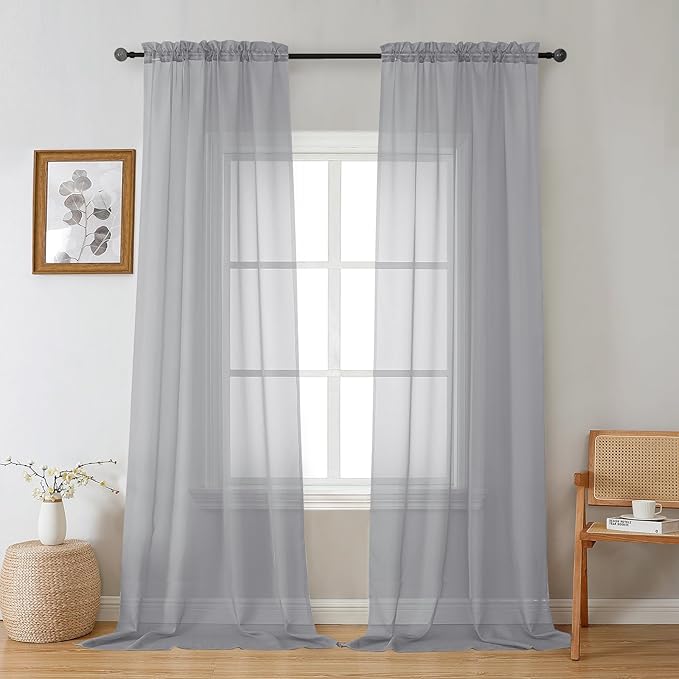 Gwine Light Grey Sheer Curtains 96 Inches Long 2 Panels, Elegant Window Treatments Voile Curtains for Living Room, Light Filtering Rod Pocket Sheer Drapes, Each 42" Wx96