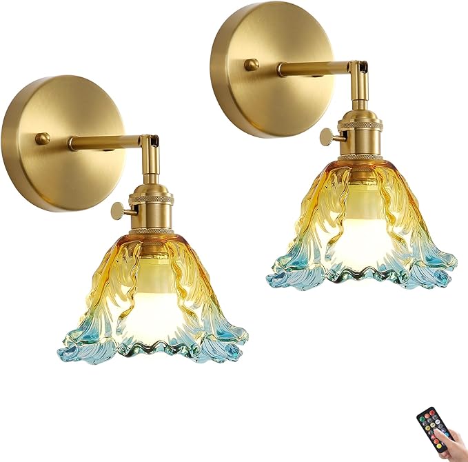 2 Pack Vintage Battery Operated Wall Sconces, Cabbage Yellow Lampshade & 180 Degree Adjustable, Wireless Rechargeable RGB Wall Light with Remote Control, for Bedroom Living Room Hallway Aisle