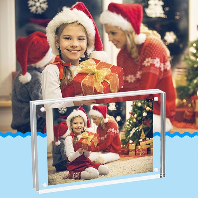 ILYXY 2 Pack Acrylic Frame 4x6, 20% Thicker, 20mm Thick Frameless Clear Picture Frame, Double Sided Magnetic Photo Frame, Free Standing Desktop Display Stand Acrylic Picture Frames