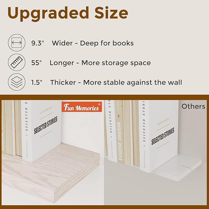 Fun Memories 55 Inch Long Floating Shelves for Wall, 55x9.3 Large Floating Shelf for Bedroom, Kitchen, Bathroom, Wall Mounted Rustic Wood Shelves with Invisible Bracket for Books, Decor, Brich