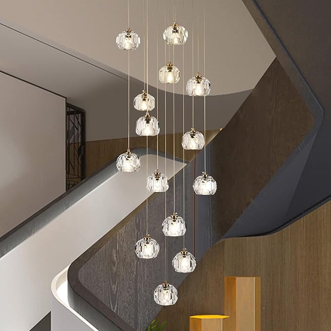 14-Light Crystal Chandeliers, 42W Raindrop Pendant Light Chandelier Large, Brass High Ceiling Chandelier Pendant Lighting with Clear Cut Crystal for Staircase Foyer Living Room