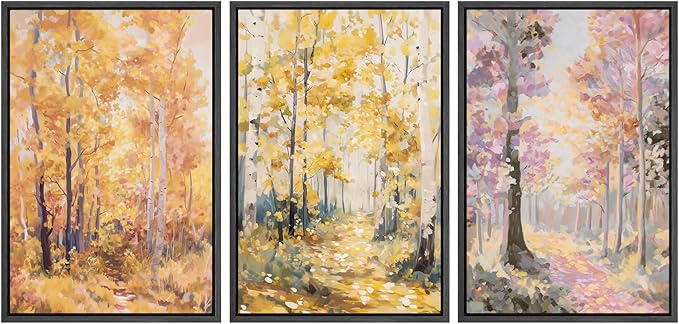 SIGNWIN Framed Canvas Print Wall Art Set Golden Autumn Forest Path Impressionist Landscape Illustrations Modern Art Decorative Chic Calm for Living Room, Bedroom, Office - 16"x24"x3 Black