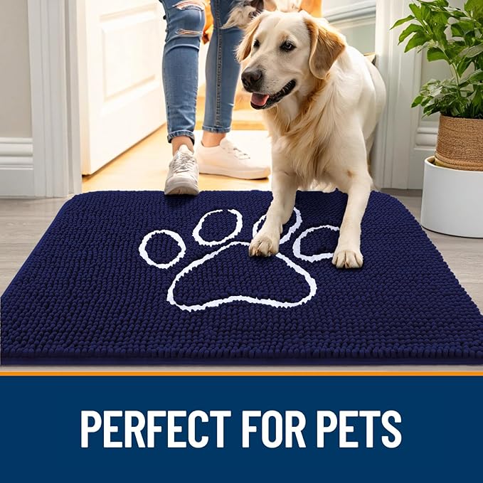 OLANLY Dog Door Mat for Muddy Paws 36x24, Paw Print Design, Absorbs Moisture and Dirt, Absorbent Non-Slip Washable Doormat, Quick Dry Chenille Mud Mat for Dogs, Entry Indoor Entryway Carpet, Navy Blue