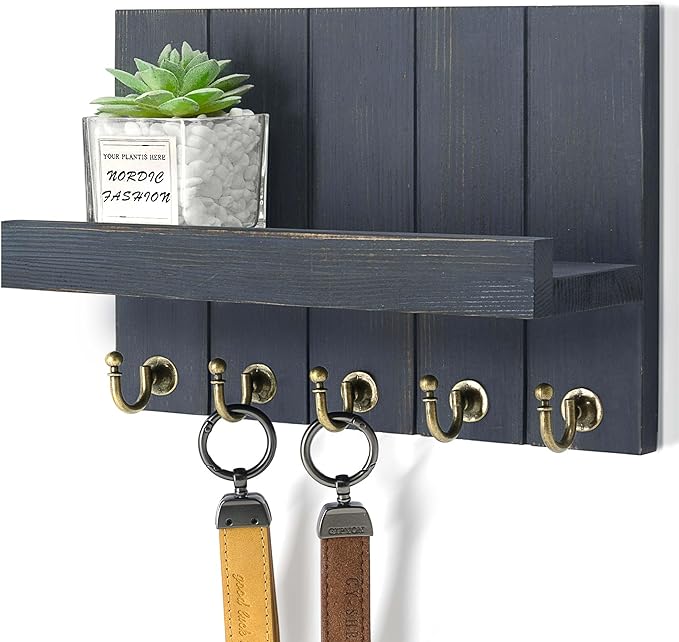 Rebee Vision Pine Wood Key Holder Wall Mount with Floating Shelf – Farmhouse Key Holder for Wall to Elevate Home Decor – Mail Organizer for Apartment Essentials (Royal Blue,3.54" x 10" x 7.28")